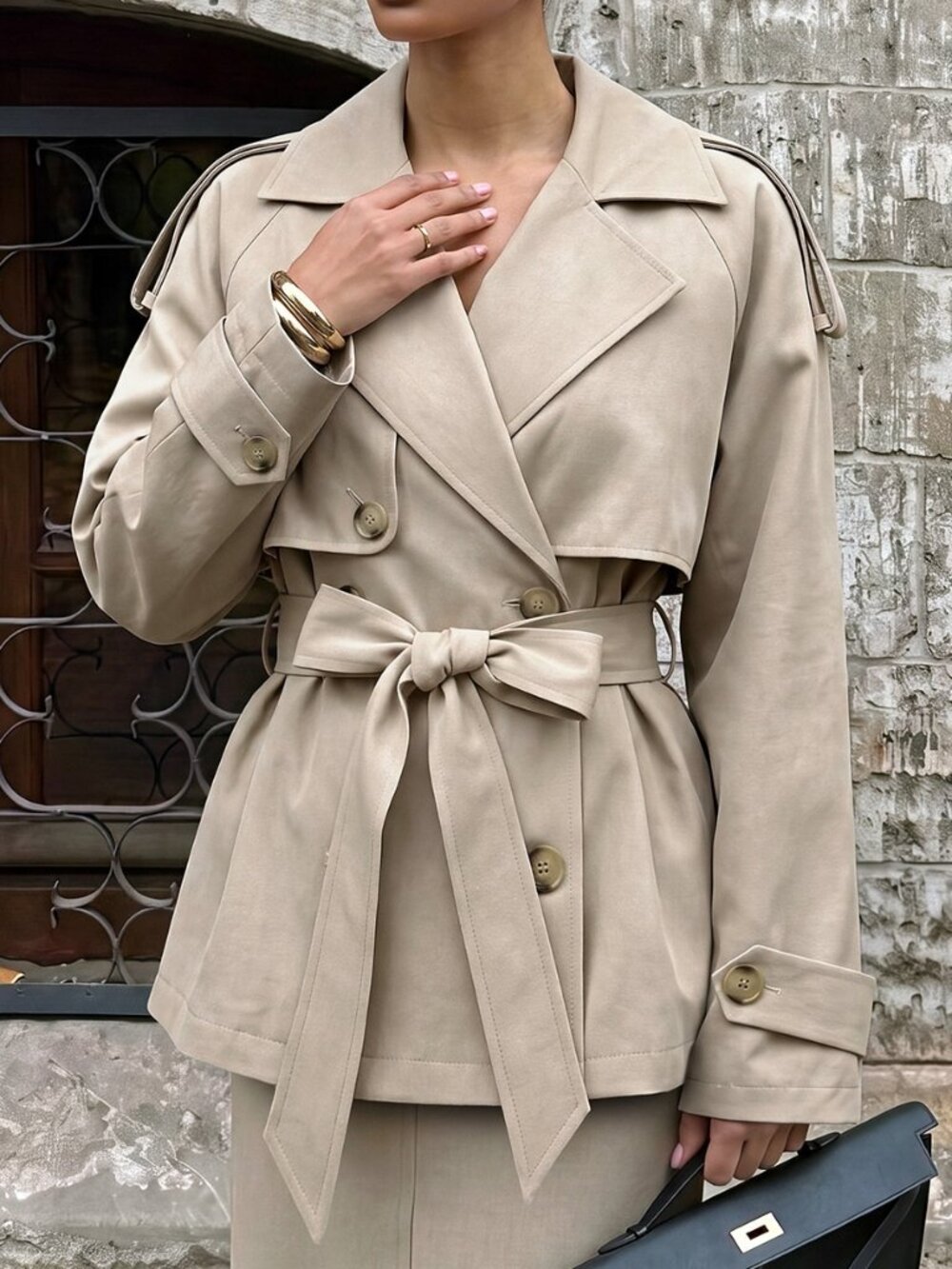 Khaki Casual Women's Double Breasted Lapel Raglan Long Trench Coat